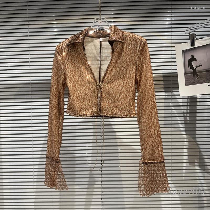 

Women' Jackets 2023 Spring And Summer V-neck Full Body Sequined Lonfg Bell Sleeve Socialite Thin Coat For Women Shiny Shirts Short Design, Black
