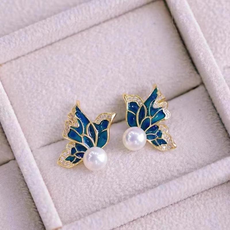 

Dangle Earrings Butterfly Enamel Glaze Pearl Stud For Women Temperament Brincos Sweet Party Jewelry Valentine's Day Gift
