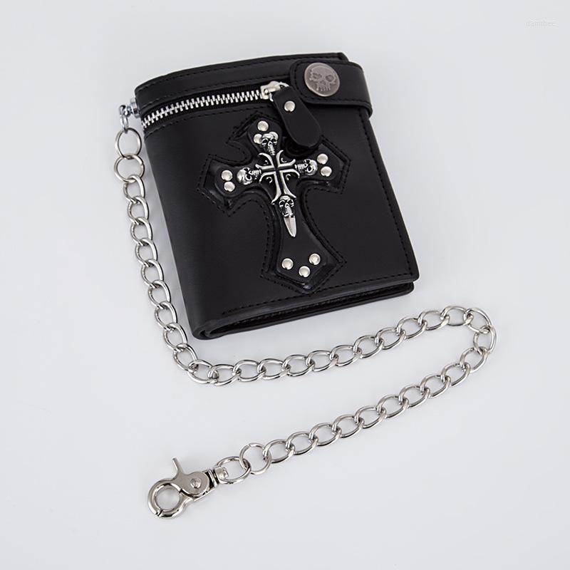 

Wallets Dark Gothic Punk Short Style Wallet Men Fashion Vintage Skull Cross Leather Luxury With Chain Boy Hasp Purse, Black