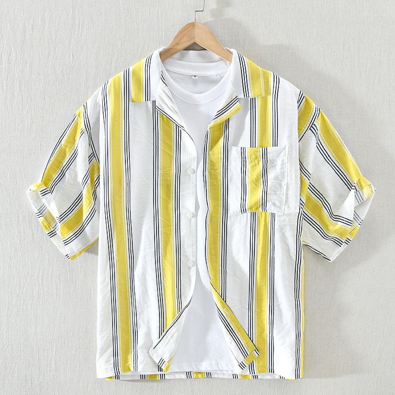 

Men's Casual Shirts 2023 Summer Men Stripe Loose Shirt Tops Japanese Simplicity Male Short Sleeve Versatile, Blue