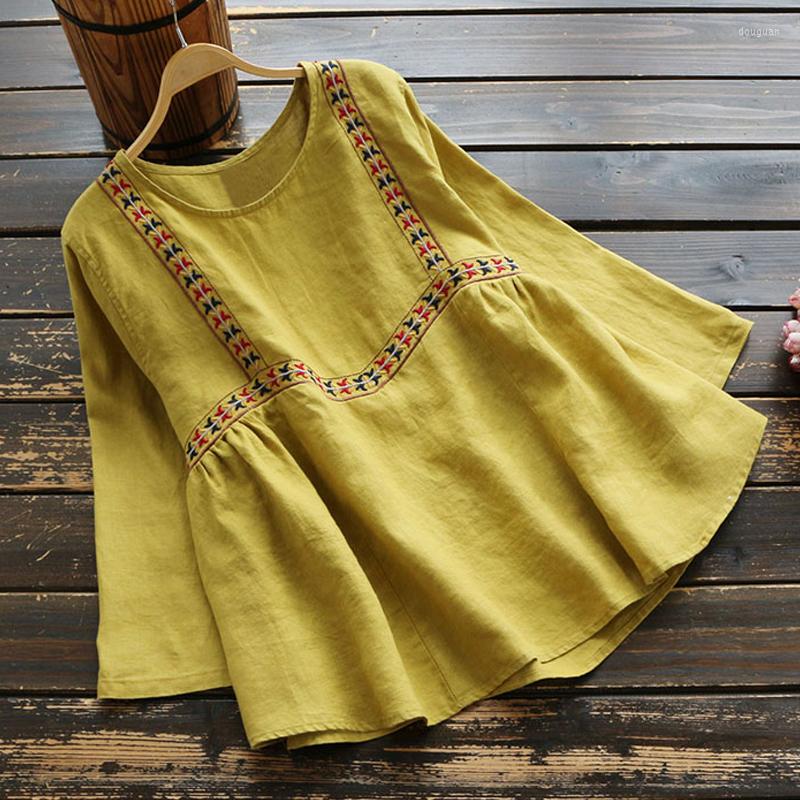 

Women's Blouses 2023 Fall Spring Women Embroidery Loose Korean Yellow White Red Linen Blouse Top Shirt Womens 4XL O Neck Tops And