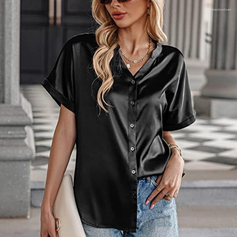 

Women' Blouses Fashion Solid Satin Silk Blouse Women Button Short Sleeve Shirt Female Casual Summer V-neck Tops Blusa Mujer 24907, Black