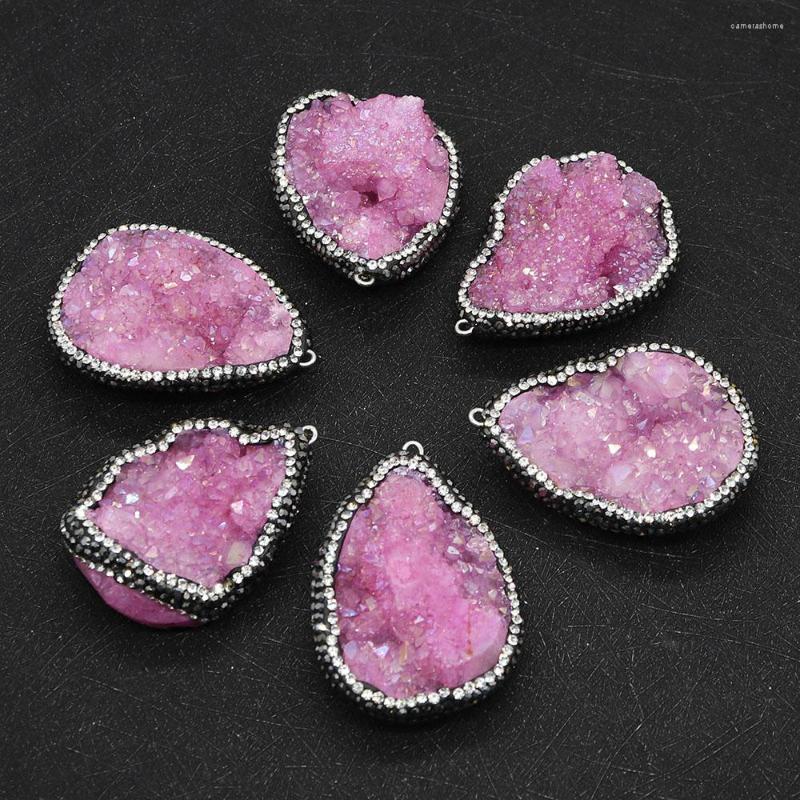 

Pendant Necklaces Natural Rose Quartz Crystal Connector Waterdrop Rhinestone Slice Plated Ladies Charm Handmade Accessories