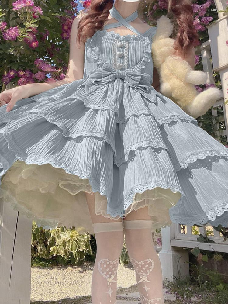 

Casual Dresses Japanese Lolita Style Sleeveless Women Dress Summer Sweet Sundress Cross Collar JSK Princess Bow Lace Ruffles 2023, Beige