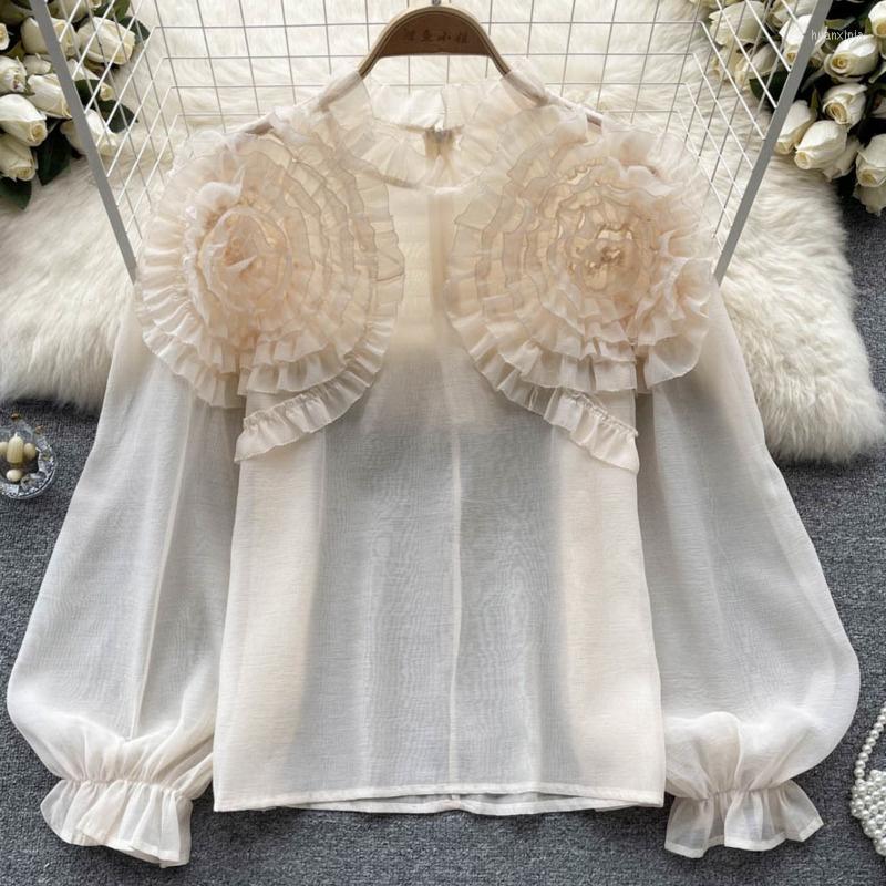 

Women's Blouses Mesh Spliced Bubble Sleeve Shirt For Women Solid O-neck Elegant Ladies Blusas Top 2023 Spring Summer Loose Shirts Tops M667, Green