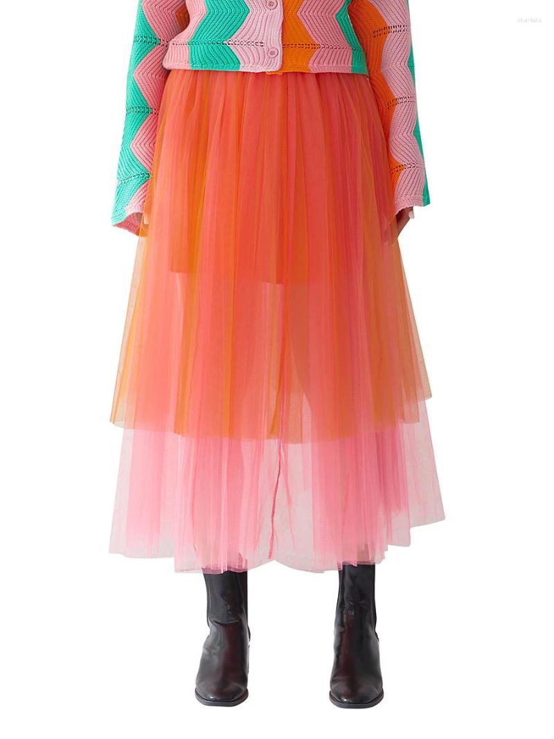 

Skirts Women Fashion Summer Long Tulle Skirt Dual Layer High Waist Contrast Color For Party ClubOrange Blue