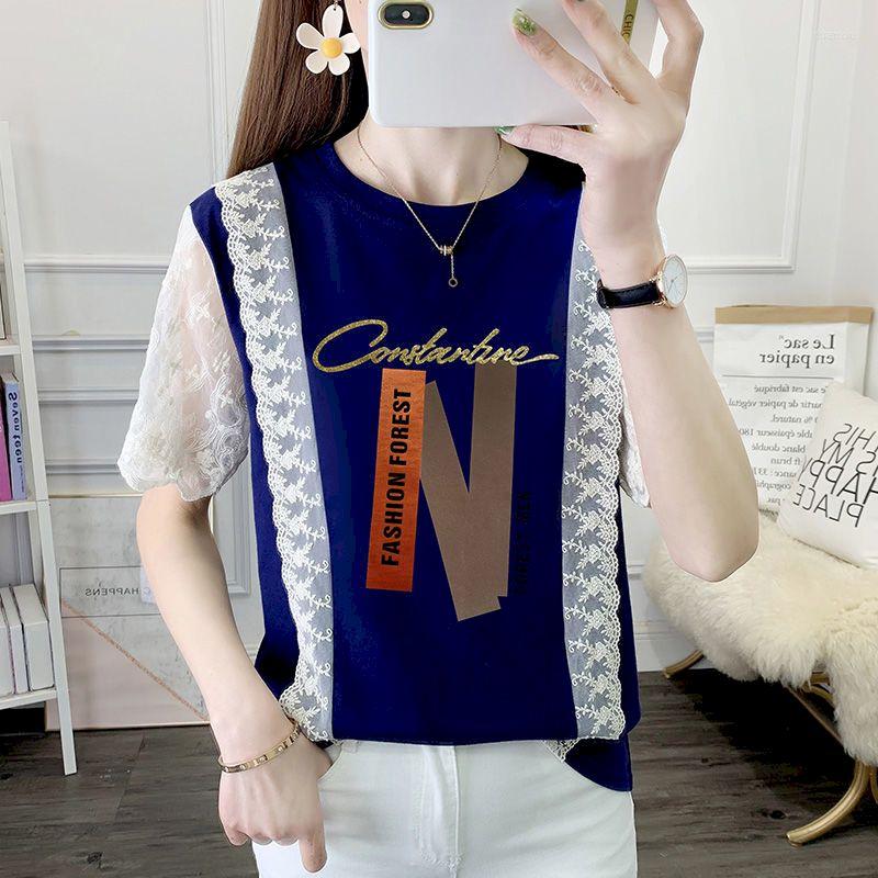 

Women's T Shirts Fashion Lace Patchwork Women Summer Trend Thin Short Sleeve T-shirt Loose Oversized Tshirt 98% Cotton Tops Y2k Clothes, Picture 2
