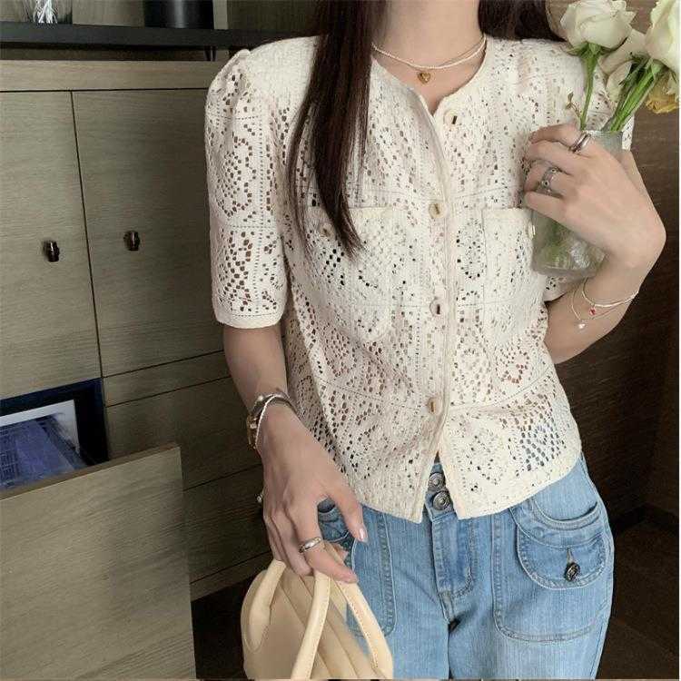 

Elegant Lady Classic Style Blouses Hollow Out Lace Tops French Round Neck Single, Apricot