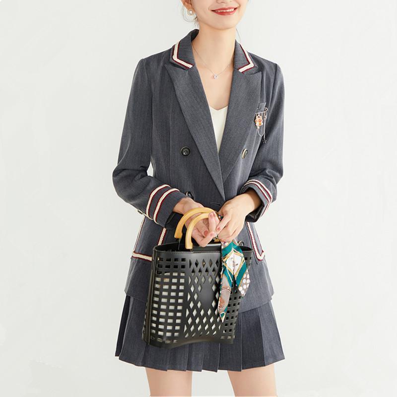 

Two Piece Dress Preppy Style Grey Suit Blazers And Pleated Skirt Two-piece Set College Outfits Coats, Gray