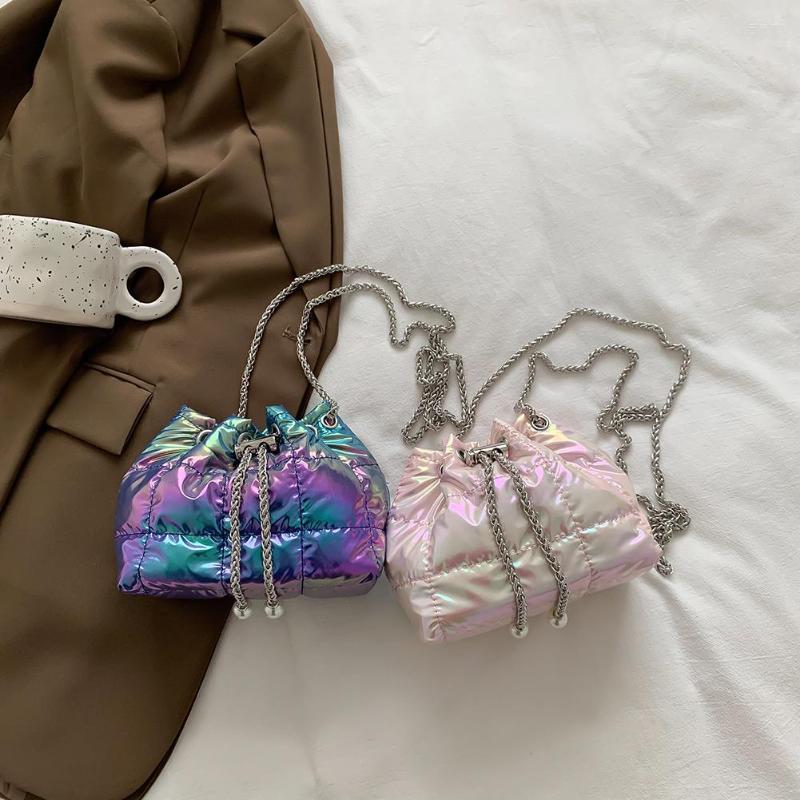 

Evening Bags Nylon Messenger Bag Fashion Women Crossbody Checker Quilted Drawstring Chain Pearl Strap For Office Work, White