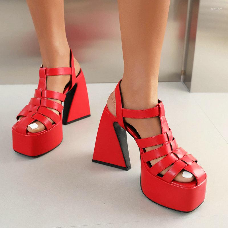 

Sandals Europe Big Size 44 T-strap Hallow Summer Woman Shoes Triangle Shape Heels Punk Gothic Fisherman Red White Lady Platform, Black
