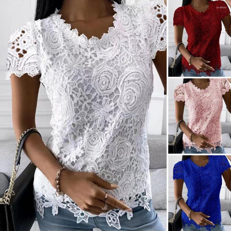 

Women's Blouses 2023 O-Neck Short Sleeve Women Top Solid Color Dressing Up Summer T-shirt Floral Lace Hollow Bottoming Streetwear For Daily, Blue