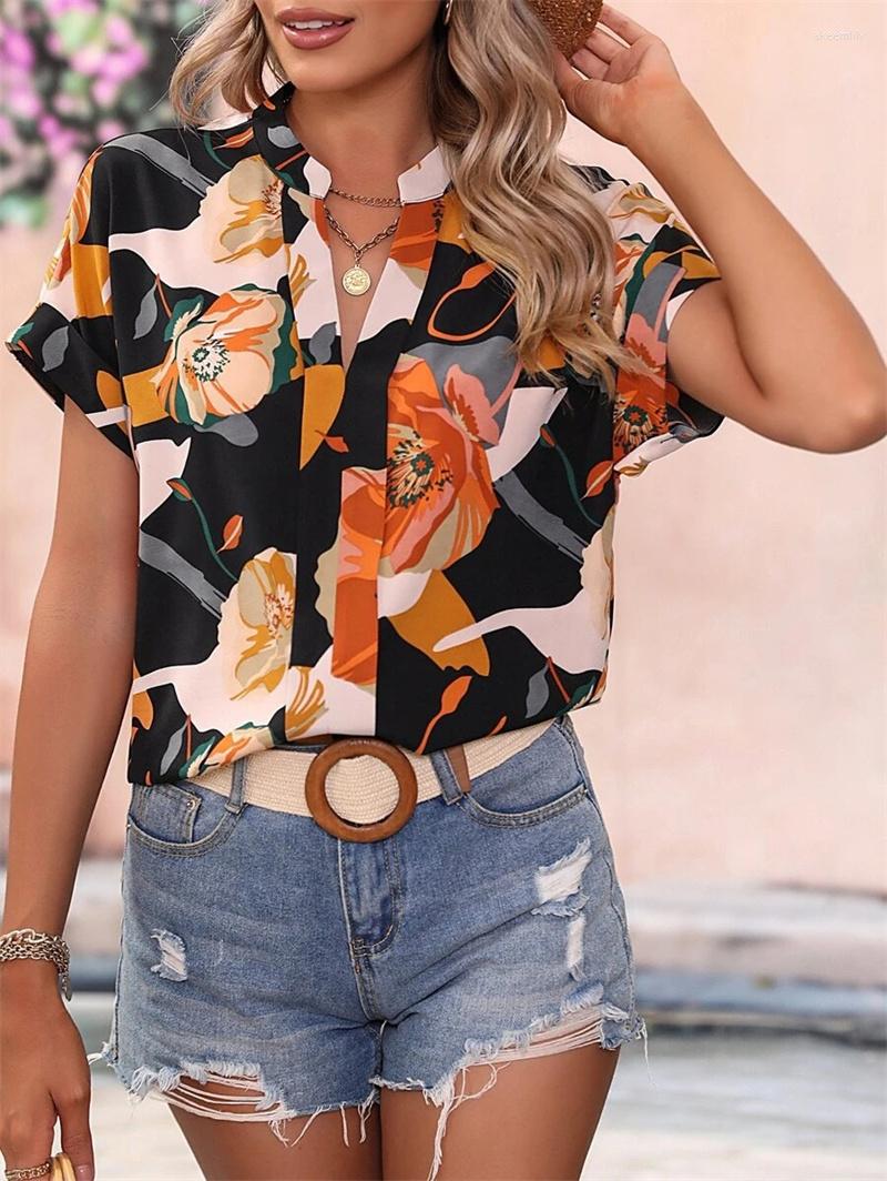 

Women' Blouses Fashion Painted Floral Print Shirt Women 2023 Summer Elegant Street Casual Tops Female V Neck Pullover Short Sleeve Loose, Yellow
