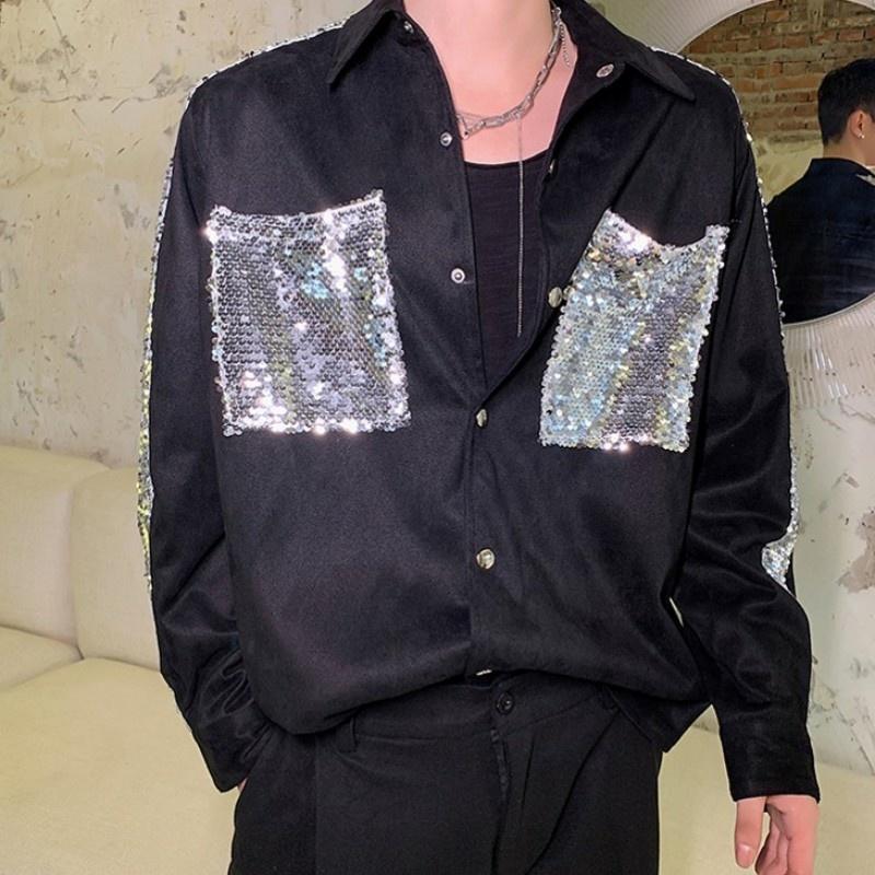 

Men's Casual Shirts Personality Mens Sequined Nightclub Gothic Patchwork Loose Fit Long Sleeve Men Black Top Korea Fashion Clothes