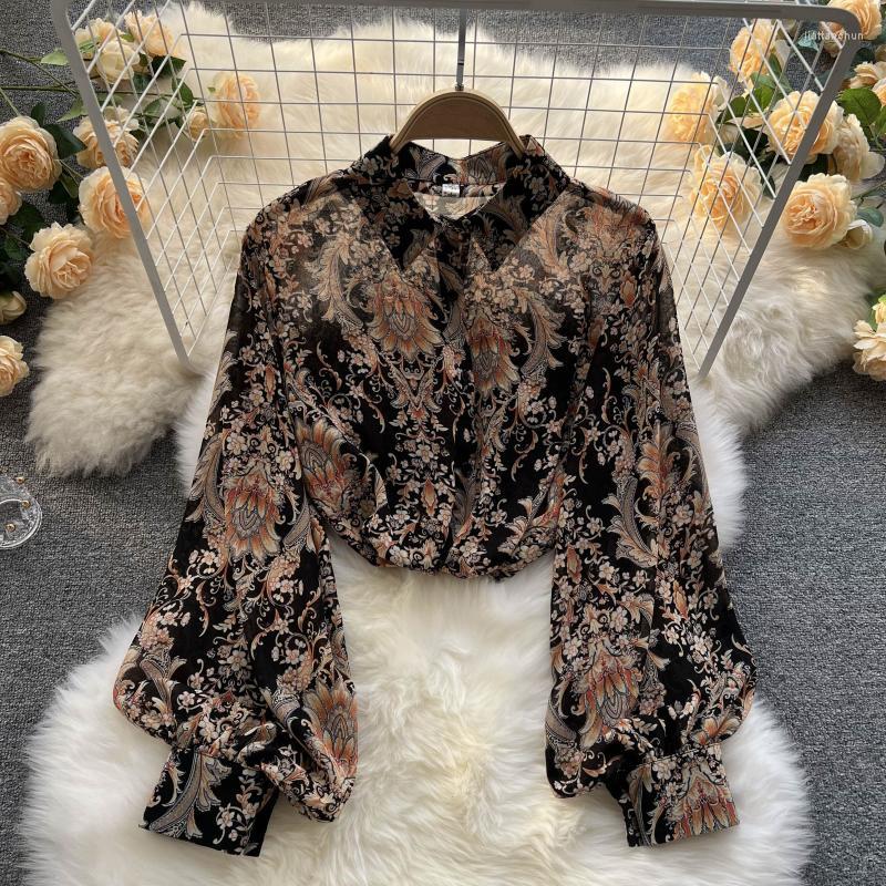 

Women's Blouses 2023 Spring Korean Women's Vintage Contrast Color Printed Shirt Loose Straight Tube Bubble Long-Sleeved Blouse Female, Black white