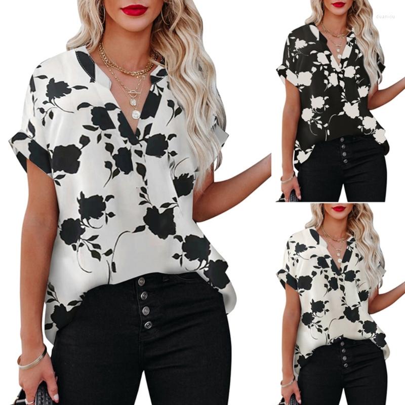 

Women' T Shirts Women Deep V-Neck Top Casual Floral Print Short Sleeve Tshirts Cute Loose Fit Blouses Dressy-Summer Tees, Black