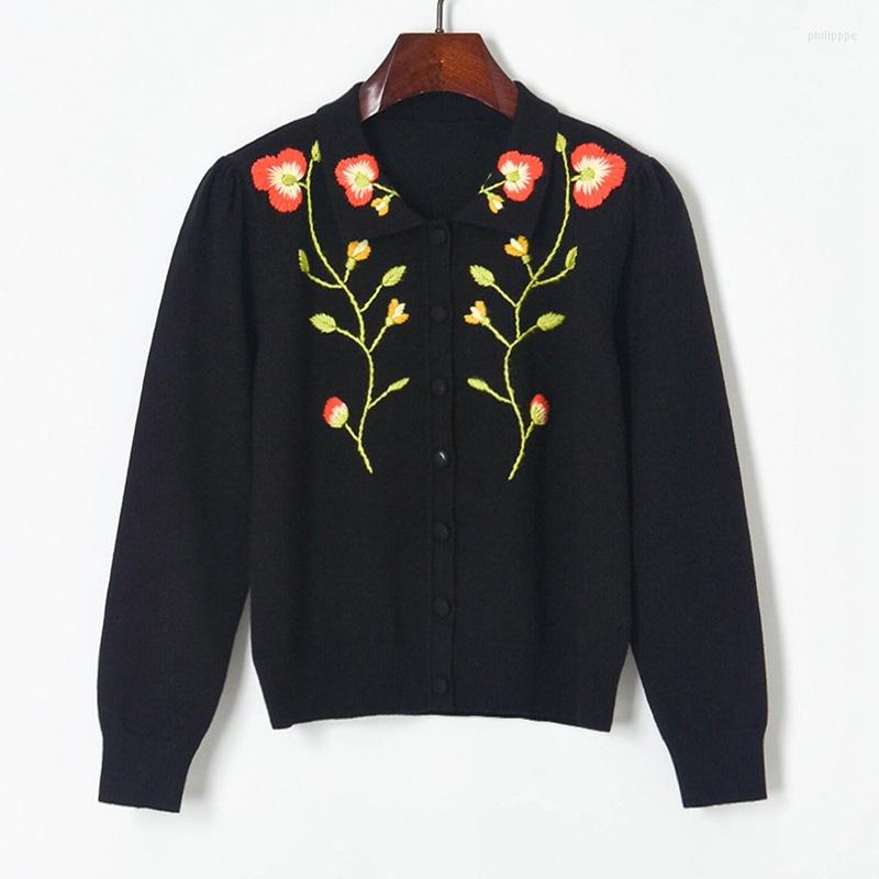 

Women's Knits Cropped Cardigan Women 2023 Autum Crochet Black Vintage Embroidery Collar Single Breasted Short Knitted