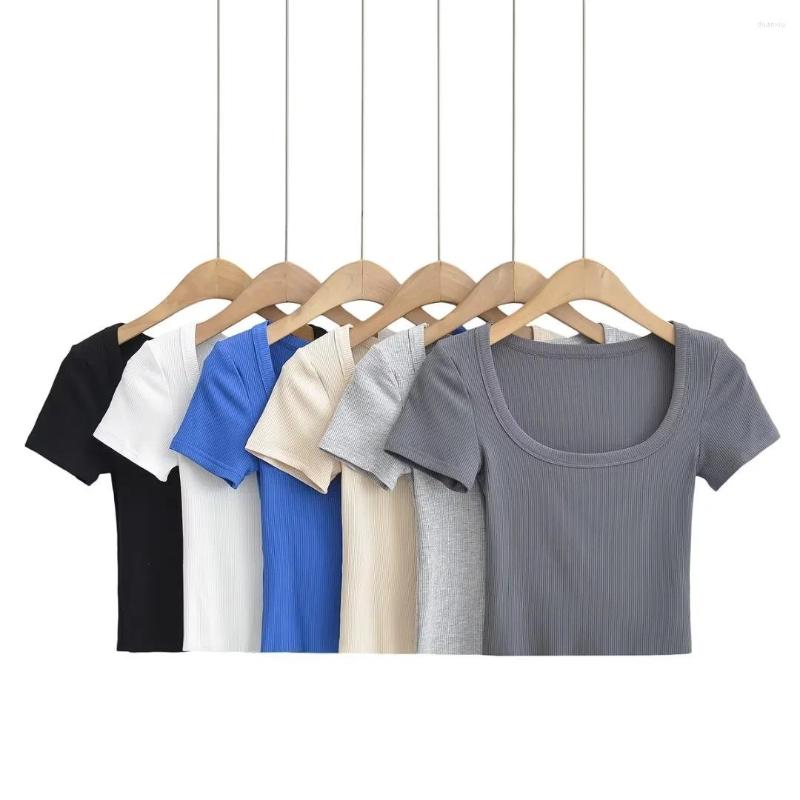 

Women's T Shirts 2023 Women's Summer Big U Neck Slim Cropped Top Basic No Overlock Short Sleeve T-Shirt Casual Sports, Blue