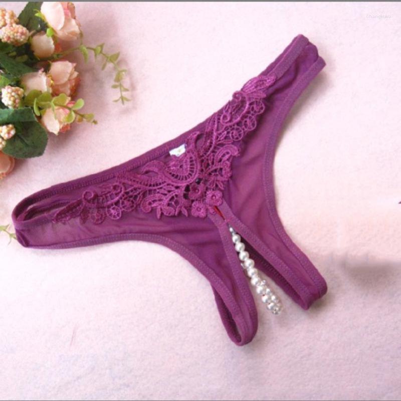 

Women's Panties Women Sexy Lingerie Open Crotch Crotchless Low Waist Pearls Thongs V-string Latex Knickers Erotic Underwear, Purple