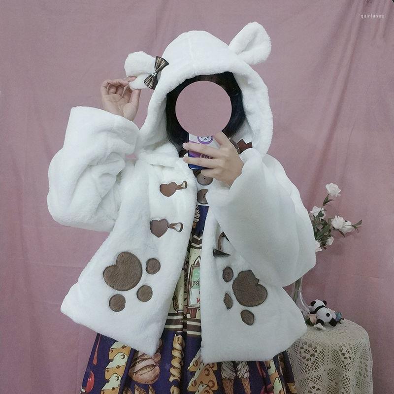 

Women's Fur Kawaii Japanese Sweet Autumn Winter Coats Girly Ears Warm Soft Plush Hooded Jackets Outwear Lolita White Cute Tops, Coffee