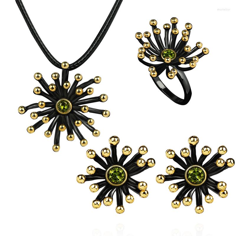 

Necklace Earrings Set Ajojewel Golden Black CZ Flower 2023 Bohemian Ring & Pendant Gift Ins Style Retro Jewelry, Picture shown
