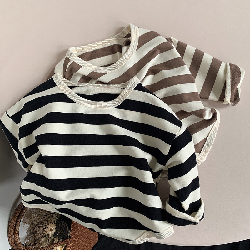 

T-shirts Spring Autumn Children Casual T Shirt Loose Kids Striped T Shirts Cotton Tee Boys Girls Long Sleeve Tops Baby Clothes 230414, Brown