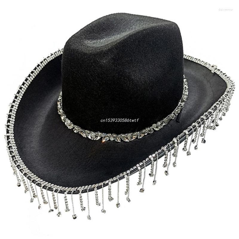 

Berets Tassel Cowgirl Hat Rhinestones Bride Fedora Cowboys Bachelorette Party For Bridal Dropship, Black