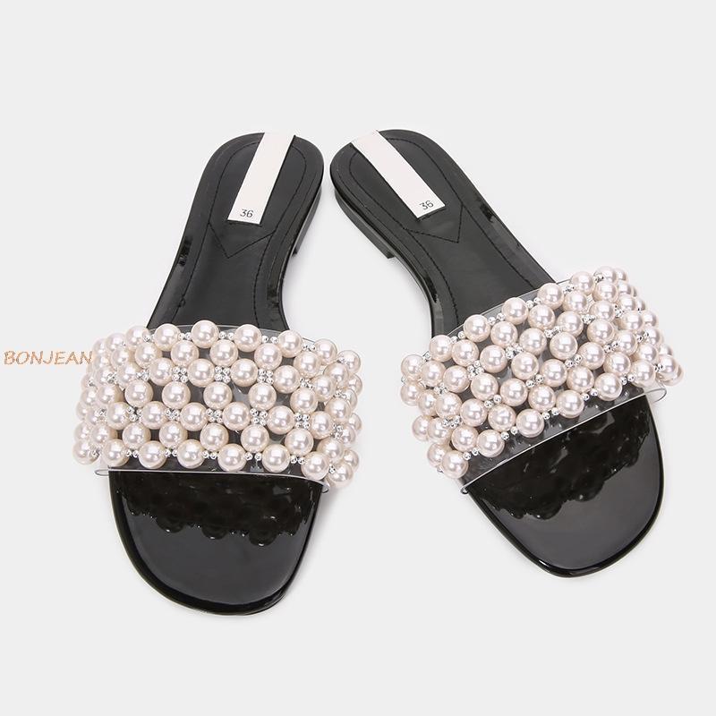 

Slippers Brand Pearls Slides Women Flat Heel Pretty Sandal Shoes Handmade Bohemia String Beads Female Outdoor, Black flat