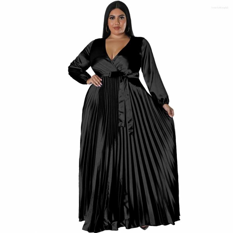 

Plus Size Dresses 4XL 3XL Long For Women Clothes Robe Autumn Fashion Solid Elegant Oversize Streetwear Party Pleated Dress, Black