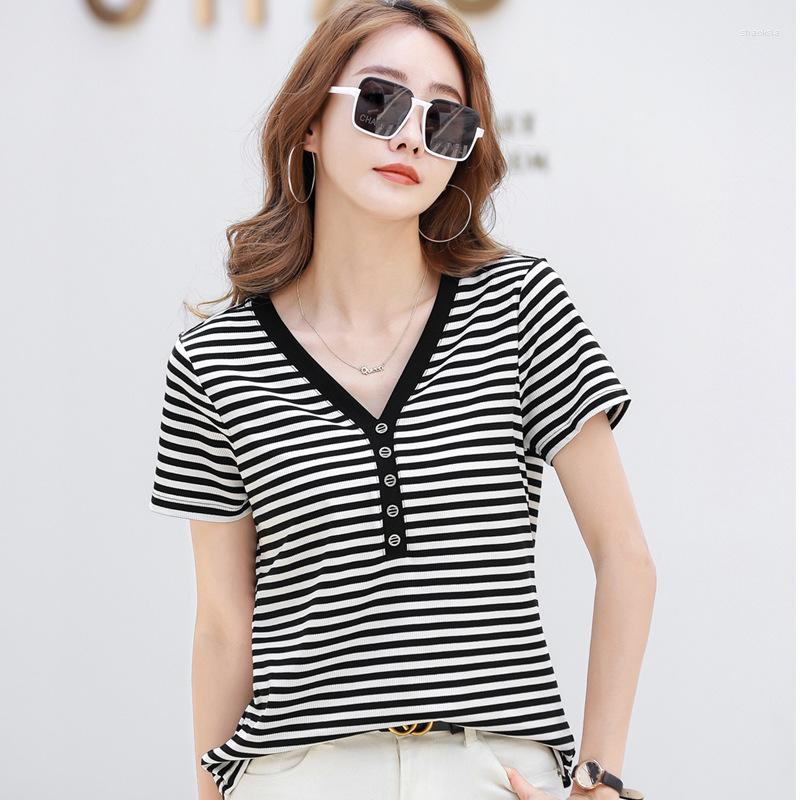 

Women' T Shirts -3XL Stripe Women Short Sleeve V Neck Summer Tops Comfortable Cotton Tshirt Female Korean Fashion Style Casual Tees, White