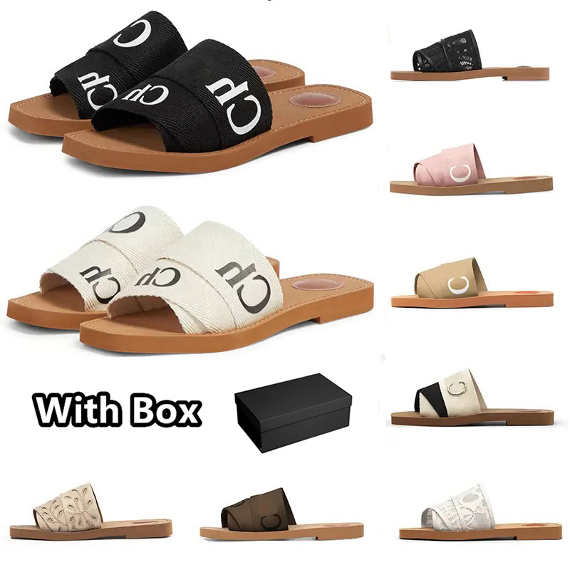 

Designer Woody sandals womens Mules flat slides Light tan beige white black pink red gold lace Lettering Fabric canvas slippers summer outdoor shoes for women, Irem#12