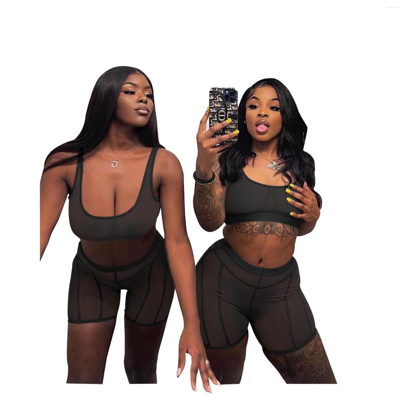 

Women' Tracksuits LEOSD Women Clothing Summer Sport Mesh Vest Biker Shorts 2 Piece Set Perspective Sexy Sets Outfit, Black