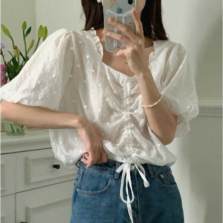 

Womens Korean Style Blouses Embroidered Polka Dot Short Sleeved Shirt Summer, White