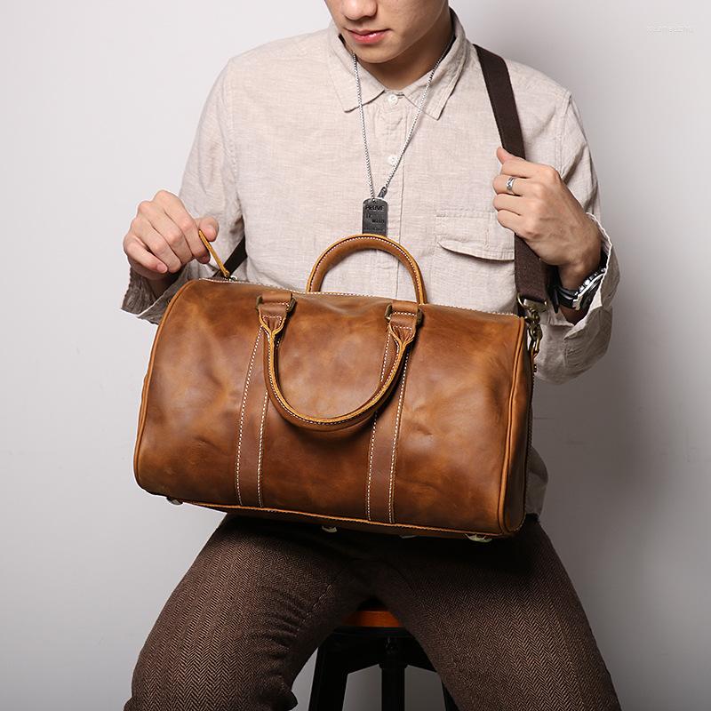 

Duffel Bags Retro Leather Men's Travel Bag Crazy-horse Large-capacity Luggage Top Layer Cowhide Men Portable Diagonal, Black