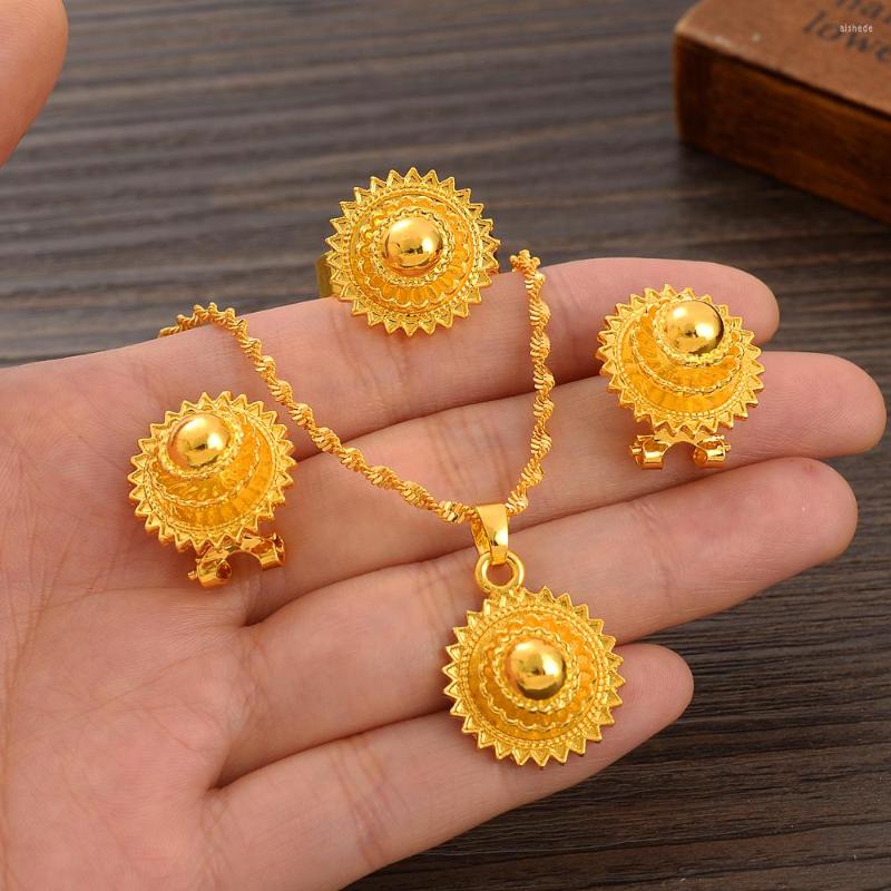 

Necklace Earrings Set Eritrean Ethiopian Jewelry Pendant Necklaces Ring Headchain For Women Gold Color African Weeding Productss Gift, Picture shown
