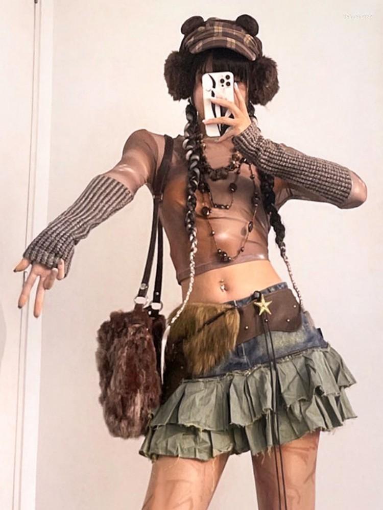 

Women's T Shirts Gauze Crop Top Women Clothing O-Neck Shirt Long Sleeve Y2k Accessories Aesthetic Ropa De Mujer See Through Sexy Streetwear, Brown t shirts