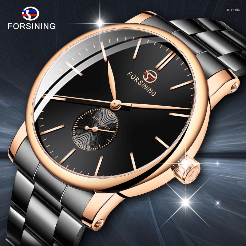

Wristwatches Forsining Man Clock Top Golden Case Black Stainless Steel Fashion Mens Watch Mechanical Automatic Business WatchesWristwatchesW