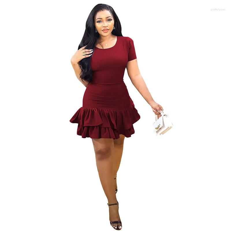 

Ethnic Clothing Summer Elegant Ruffle Dresses For Women African Fashion Solid O Neck Short Sleeve Hollow Lace Up Mini Dress Party Vestidos
