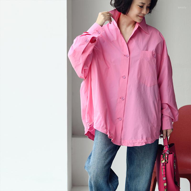 

Women's Blouses MICOCO C1520C Korean Version Simple Casual Loose Oversize Drawstring Medium Length Long-sleeved Shirt, Pink