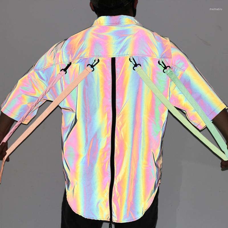 

Men' Casual Shirts Drop Colorful Reflective Men Shirt Night Reflect Light Hip Hop Punk Long Short Sleeve Ribbons Oversized Blouse