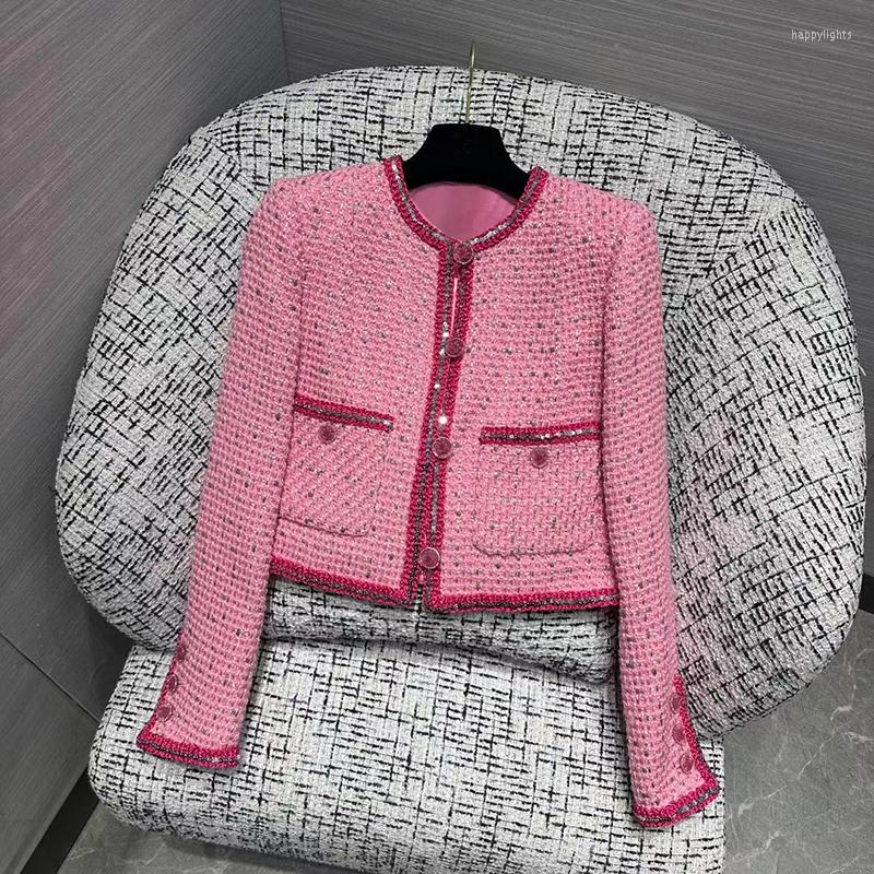 

Women's Jackets 2023 Spring High Quality Fashion Pink Tweed Jacket For Women Sequins Edge O-Neck Long Sleeve Resin-Button Retro Coats Female, Picture shown