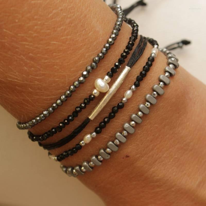 

Strand Women Bracelet Set. Minimalist Friendship Beaded Bracelet. Adjustable Summer Black String For