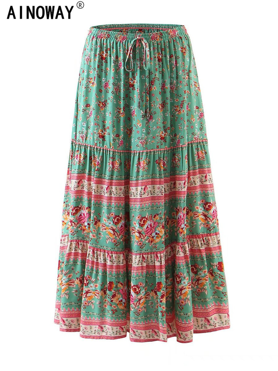 

Skirts Vintage Chic Women Green Floral Print Ethnic Beach Bohemian Skirt Ladies High Elastic Waist Rayon Cotton Boho Maxi Skirts 230414, Pink