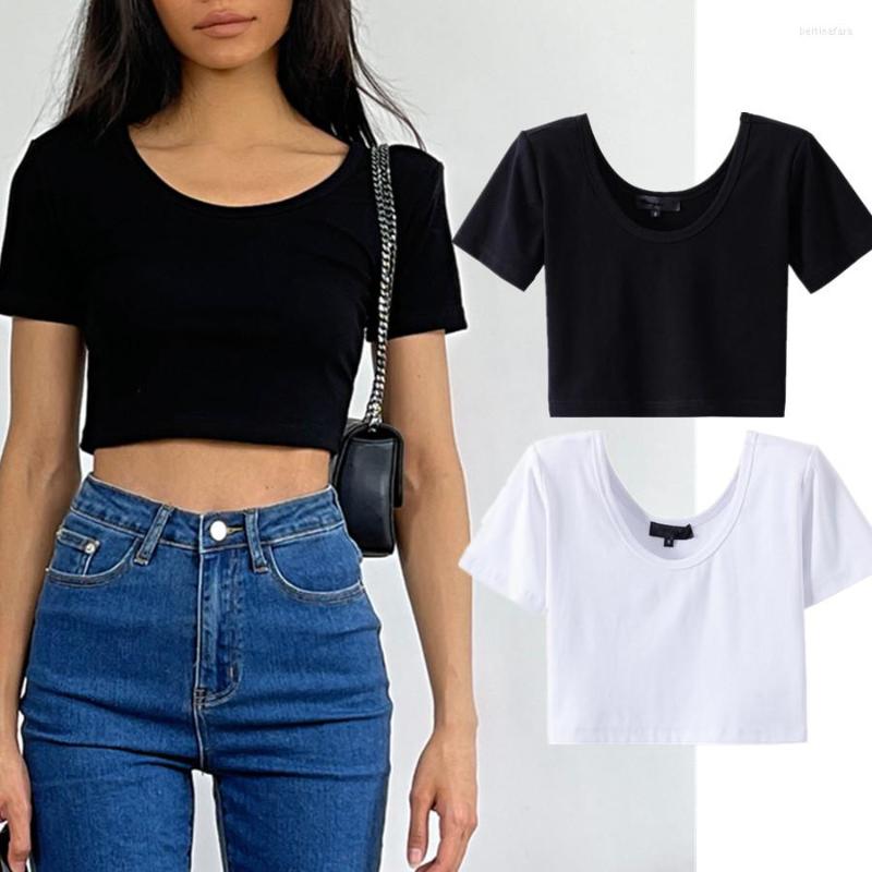 

Women' T Shirts Jenny&Dave Summer Vintage Shoulder Pad Short Tshirts Women Ins Blogger Fashion Sexy Pure Color Cotton Crop Tops, Black