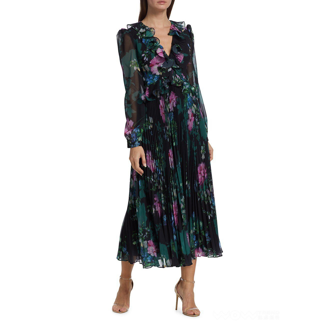

fanncy dress floral printed V-neck slimming and pleated large hem dress, Black