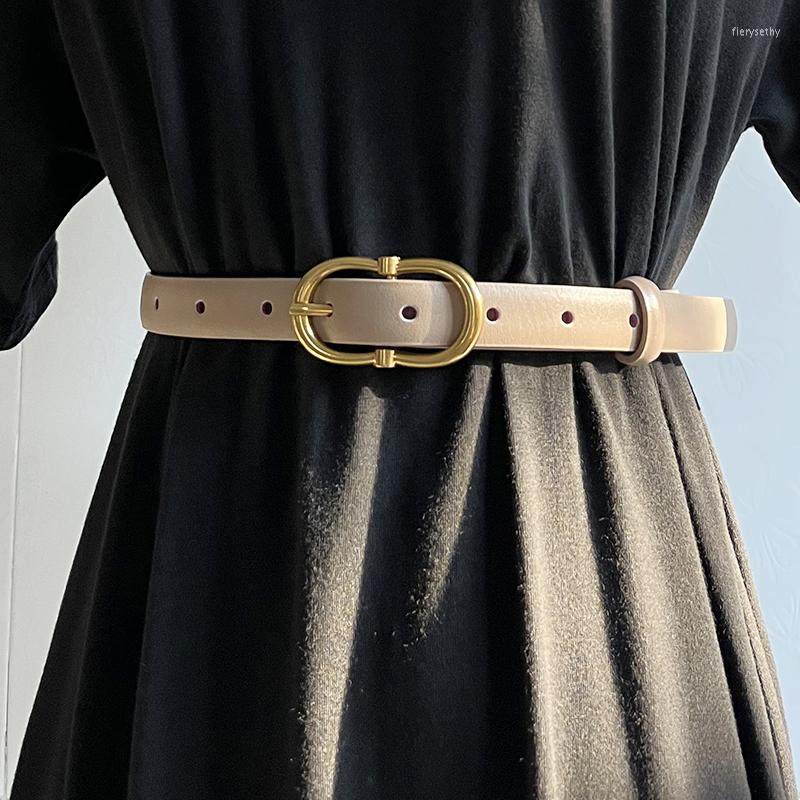 

Belts Vintage Buckle Design Women Cow Leather Waist Belt 1.8CM Slim Jeans Adjustable Cowskin Corset Strap Femme Ceinture, Black