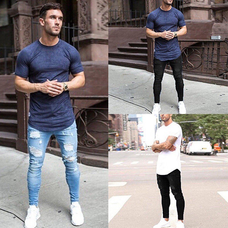 Bleu noir motard hommes jean mode Slim déchiré jean lavé en détresse Denim crayon pantalon homme jean Long pantalon pantalon
