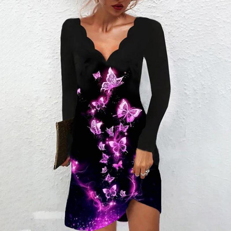

Casual Dresses Oversized Dress Women Fashion Butterfly Printed Boho Party Autumn Ladies Wave V-neck Long Sleeve Evening