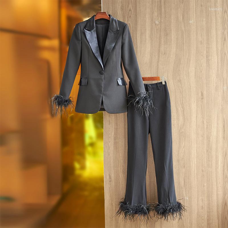 

Women' Two Piece Pants Women Runway Fashion Blazer Suits Black White Pink Set With Feather Hem Celebrity Evening Party Elegant Outfits