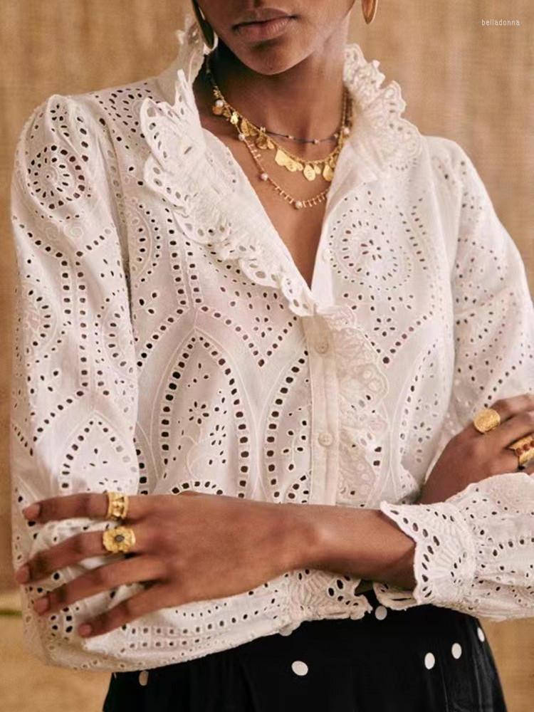 

Women' Blouses 2023 Spring Women Ruffles Trim Stand Collar Blouse Long Sleeve Elegant Ladies Hollow Out Embroidery Shirt Tops
